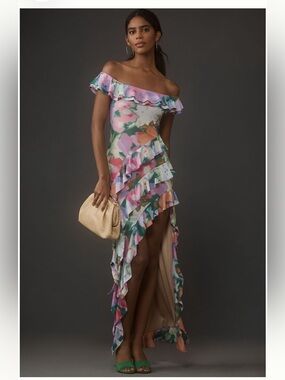 AFRM for Anthropologie Off-The-Shoulder Ruffle Mesh Asymmetrical Midi Dress, SzM